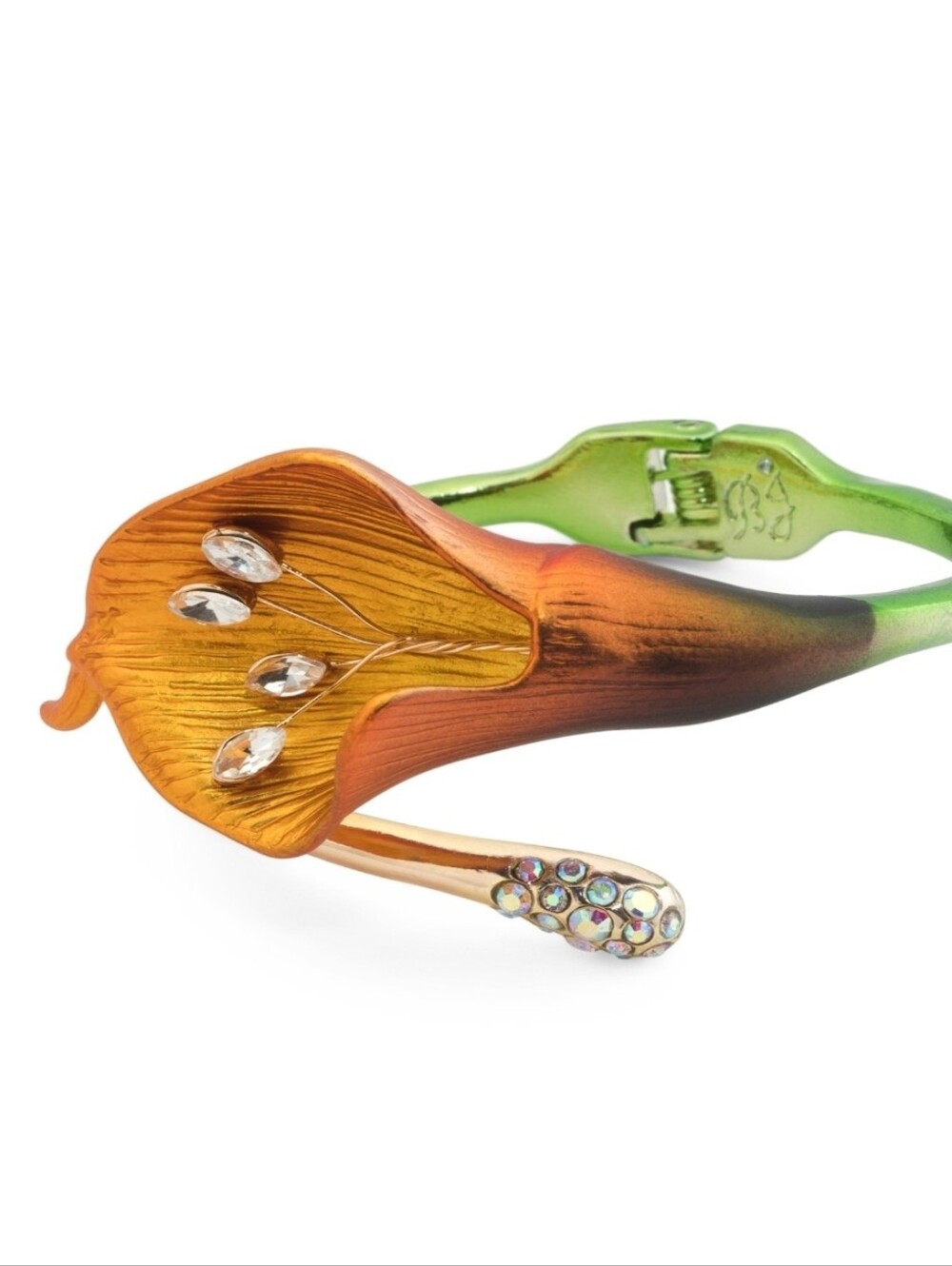 🧡▪️Betsey Johnson▪️Orange Calla Lily Floral Crystal Hinged Bangle Bracelet
